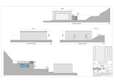 Fasadetegninger for en garasje med mål og orientering (vest, nord, sør)