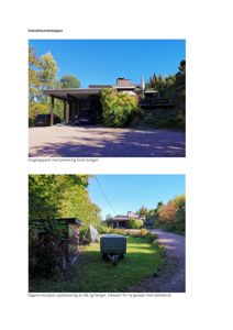 Fotodokumentasjon av en bolig med bilparkering og dagens situasjon for oppbevaring av båt/henger.