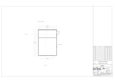 Fasadetegning for en garasje sett fra sør (fasade sør), med oppgitt mål og snittlinjer.