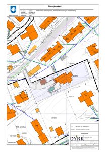 Situasjonskart som viser eiendommen Mynveien 32, omgivende tomter (tommenummer), vegnett og topografi.