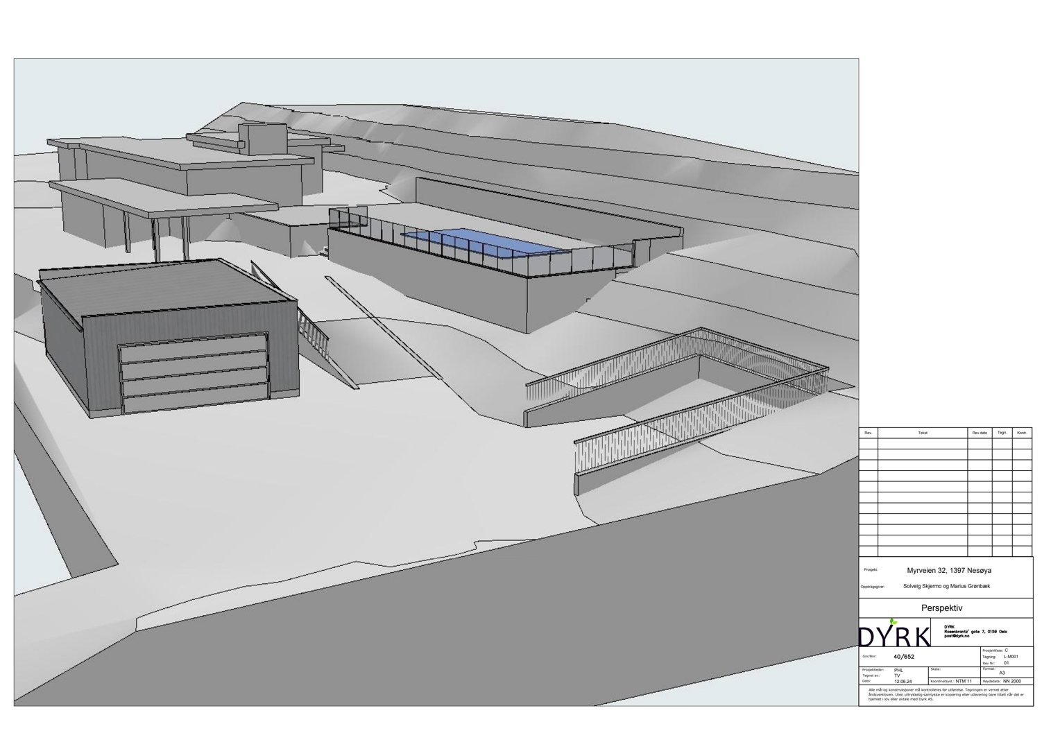 3D-visualisering (perspektiv) av et byggprosjekt med omgivende terreng.