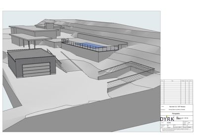 3D-visualisering (perspektiv) av et byggprosjekt med omgivende terreng.