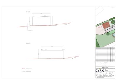 Bildet viser to snittegninger (Snitt C og Snitt D) av en bygning, inkludert situasjonsplan til høyre.