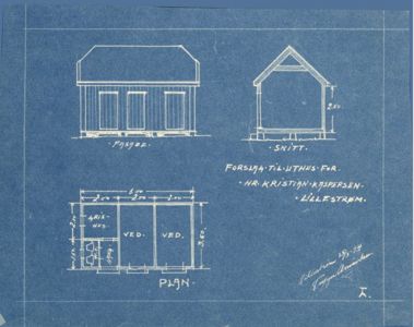 Tegning som viser fasade (FRONT), snitt (SNITT) og plan (PLAN) for et lite hus.