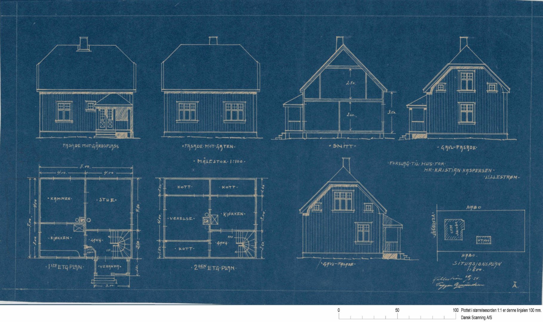Bildet viser en samling tegninger av en bygning, inkludert fasader, etasjeplaner og et snitt. Siden det er en samling av flere tegninger, er 'facade' den mest relevante klassifiseringen.