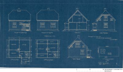 Bildet viser en samling tegninger av en bygning, inkludert fasader, etasjeplaner og et snitt. Siden det er en samling av flere tegninger, er 'facade' den mest relevante klassifiseringen.