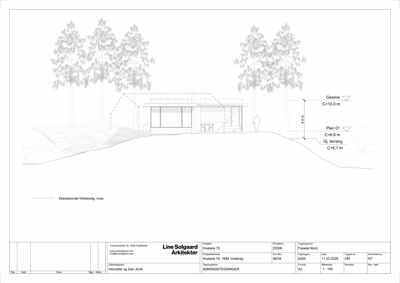 Fasadetegning (opprikk) av bygning sett fra nord, med angivelse av høyder og eksisterende terreng.