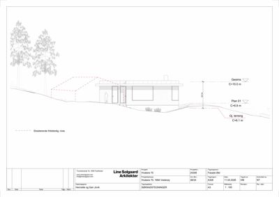 Fasadetegning (opprikk) av en bygning med angivelse av høyder og terrengforhold.