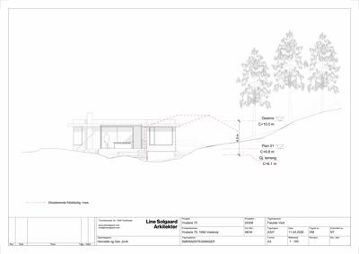Snittegning av en bygning sett fra vest, som viser forholdet mellom bygningen og terrenget, samt eksisterende og ny bebyggelse.