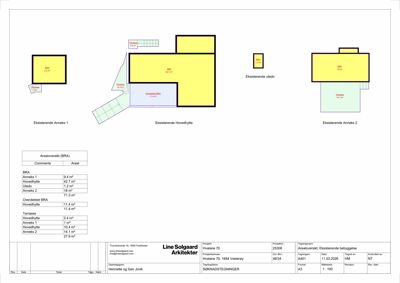 Etasjeplaner (BRA) for eksisterende bebyggelse, inkludert hovedhytte og annekser, med arealoversikt.