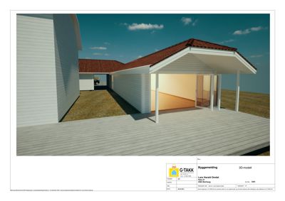 3D-visualisering (rendering) av en planlagt bygning sett fra utsiden, inkludert tak, fasade og omgivelser.