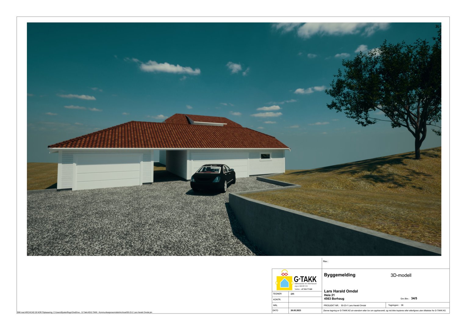 3D-visualisering av en planlagt bolig med garasje og omgivelser.