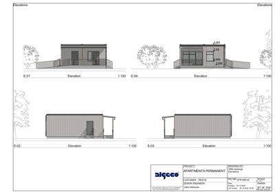 Fasadetegning (Elevations) som viser bygningens utsyn fra fire ulike vinkler (E-01 til E-04) med mål og detaljer.