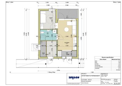 Etasjeplan (1. etasje) for et flerboligprosjekt med romfordeling, dimensjoner og arealoppsett.