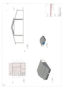 Bildet viser en tegningsside med et etasjeplan (Plan 01), et snitt (Section 1) og fasadetegninger. Det er en teknisk tegning fra en byggesak.