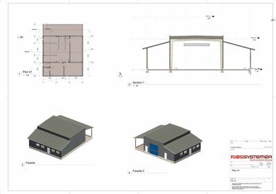 Bildet viser en samling tegninger for en bygning, inkludert etasjeplan (Plan 01), snittegning (Section 1), og fasadevisualiseringer. Det er en typisk tegningsark fra en byggesak.