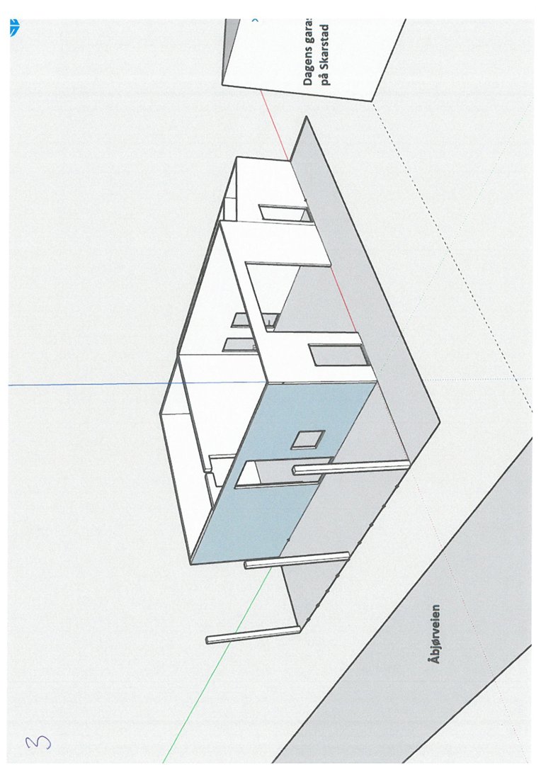 3D-visualisering av en bygning sett fra en vinkel, som viser både fasade og deler av innsiden.