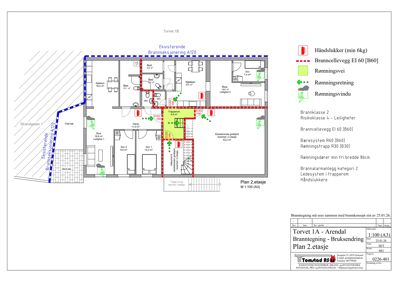 Bruksendring - Plantegning av 2. etasje med romfordeling, brannkonsept og romareal