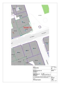 Situasjonsplan som viser tomtegrenser, eiendomsnummer (f.eks. 501/86), gater (Strandgaten, Torvet) og prosjektets plassering (Torvet 1A).