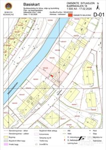 Basiskart (situasjonsplan) som viser eiendomsgrenser, bygninger og infrastruktur i området.