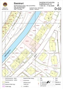 Et situasjonskart (basiskart) som viser eiendomsgrenser, bygninger, veier og infrastruktur for tomtene rundt Bjørndalen 18.
