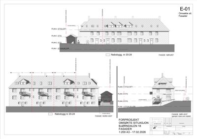 Fasadetegning som viser bygningens utseende fra flere vinkler (Sør-Øst, Nord-Vest og Sør-Vest) med angivelse av etasjer og nabobygg.