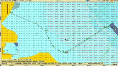 Kart over et kystområde med dybdekurver, kystlinje, og merking av en rute (muligens for fiske eller skipstrafikk).