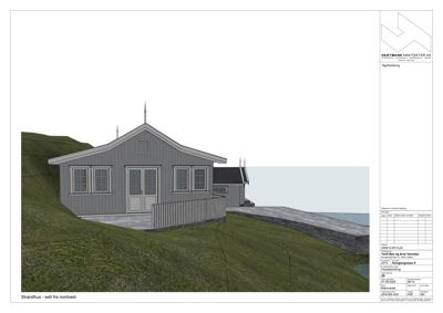 3D-visualisering (rendering) av et strandhus sett fra nordvest, inkludert terreng og omgivelser.
