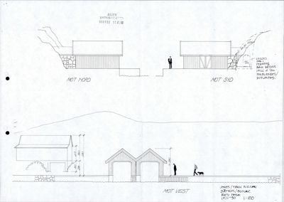 Fasadetegning som viser bygningens utseende fra fire sider (Nord, Syd, Vest og en ukjent retning), inkludert detaljer om materialer og høyder.