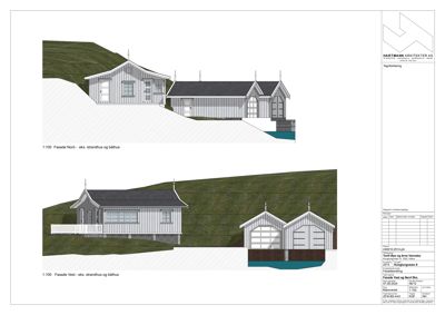 Fasadetegning som viser bygningens utseende fra nord og vest, inkludert detaljer om tak, fasadematerialer og grunnforhold.