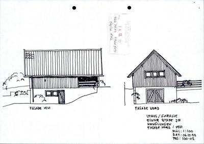 Tegning som viser fasadeoppsett for en uthus/garasje sett fra vest og nord.