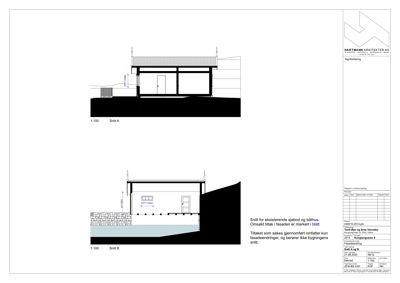 Tegning som viser tverrsnitt gjennom en sjøbod og båthus, inkludert konstruksjon og grunnforhold.