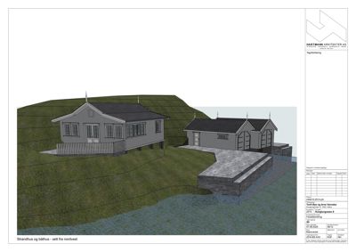 3D-visualisering (rendering) av et strandhus og en båthavn sett fra nordvest.