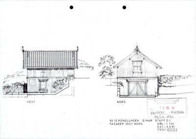 Fasadetegning som viser bygningens utsyn mot vest og nord.