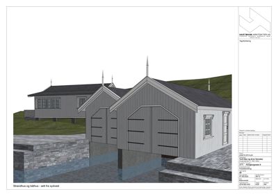 3D-visualisering (rendering) av et strandhus og båthus sett fra sydvest.