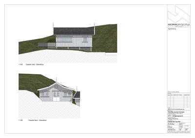 Fasadetegning som viser bygningens utseende fra vest og nord.