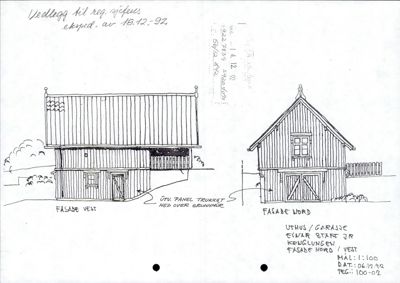 Tegning som viser fasadeopprikk for et hus/garasje sett fra vest og nord.