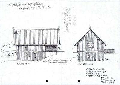 Håndtegnet fasadetegning som viser utsiden av en uthus/garasje sett fra vest og nord.
