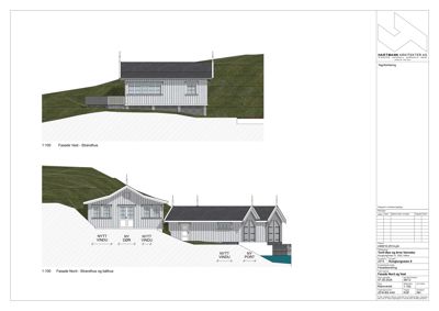 Fasadetegninger som viser bygningens utseende fra vest og nord, inkludert detaljer om vinduer, dører og terrengforhold.