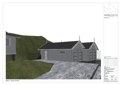 3D-visualisering (rendering) av en planlagt bygning sett fra nordvest.