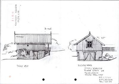 Håndtegnet fasadetegning som viser utsiden av et uthus/garasje sett fra vest og nord.
