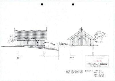 Tegning som viser fasader (oppsett) av en bygning sett fra syd og øst.