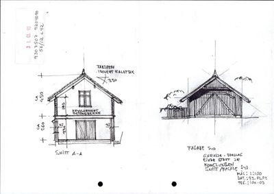 Tegning som viser et tverrsnitt (Snitt A-A) av en garasje, med mål og konstruksjonsdetaljer.