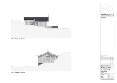 Fasadetegning som viser bygningens utseende fra to ulike vinkler (Sør og Øst) med skråning.