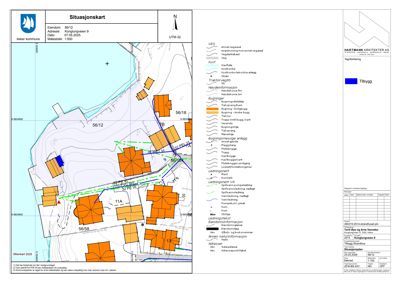 Situasjonskart som viser eiendommen 56/12 i forhold til nabolaget, med angivelse av eksisterende og planlagt bebyggelse (Tilbygg), vegnett og infrastruktur.