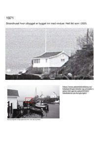 To historiske svart-hvitt-fotografier fra 1971 som viser Strandhuset og en kai med båter.