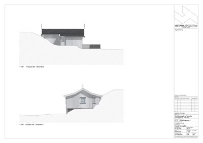 Fasadetegning som viser bygningens utseende fra to ulike vinkler (Øst og Sør).