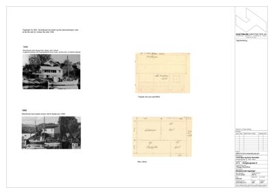 Et sammensatt dokument som viser historiske bilder (fotografier) av et strandhus fra 1943, 1946 og 1962, samt tilhørende tegninger (fasade og plan).