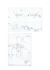 Bildet viser en tegning med fasadeopprikk (fra nord, syd og vest) samt et snitt gjennom bygningen.