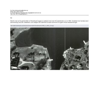 Historisk flyfoto fra 1986 som viser Strandhuset og omgivelsene.